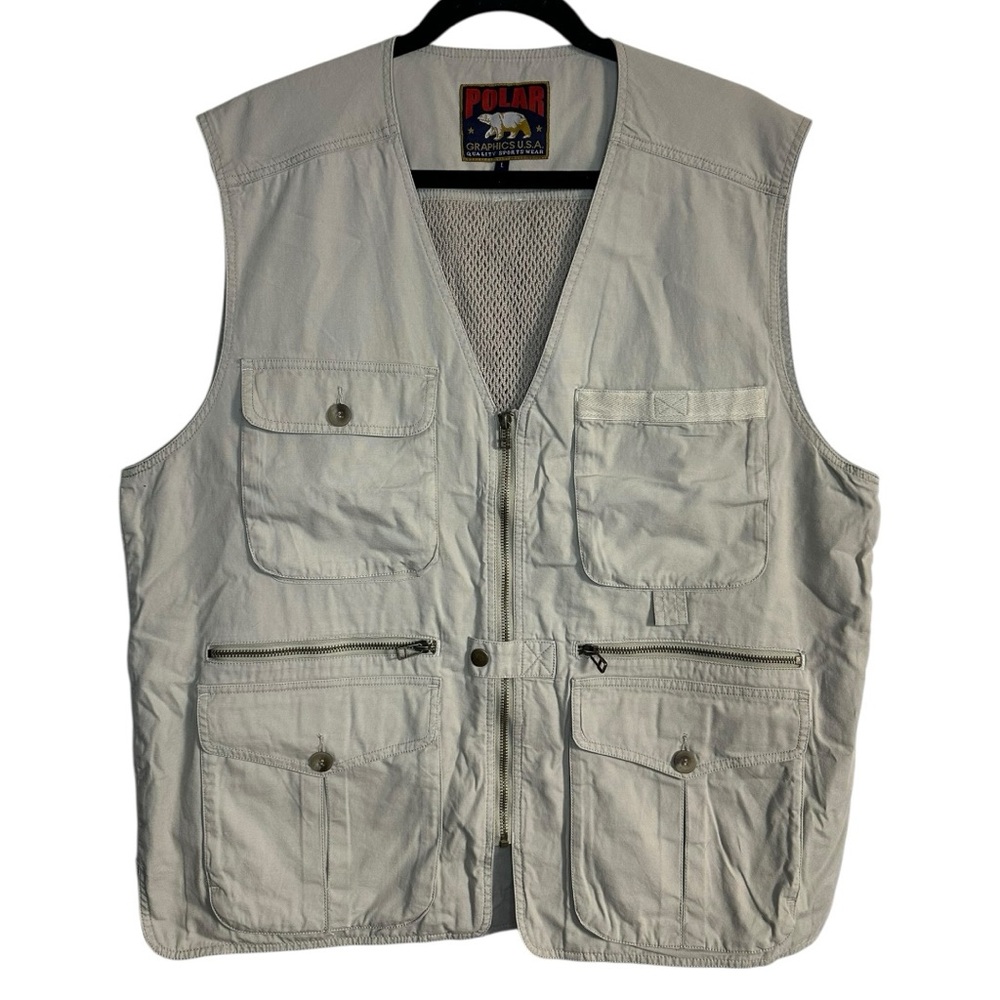 Polar Tan Khaki Fishing Tactical‎ Hunting Vest Full Zip Multipocket Large Cotton